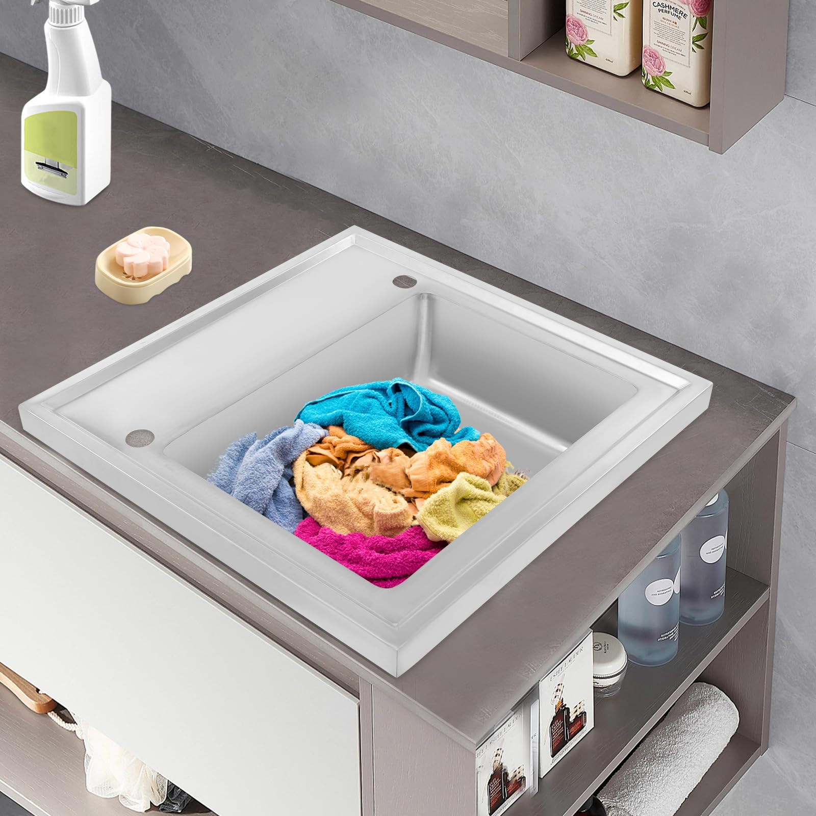 Edelstahl Spülbecken 60 cm Breit mit Abtropffläche und Abflusssieb, Silber Eckig Küche Spüle Ausgussbecken Küchenspüle,Einbauspüle Eckspüle Waschbecken, 1 Becken (60.2 * 60.2 * 15.49cm)