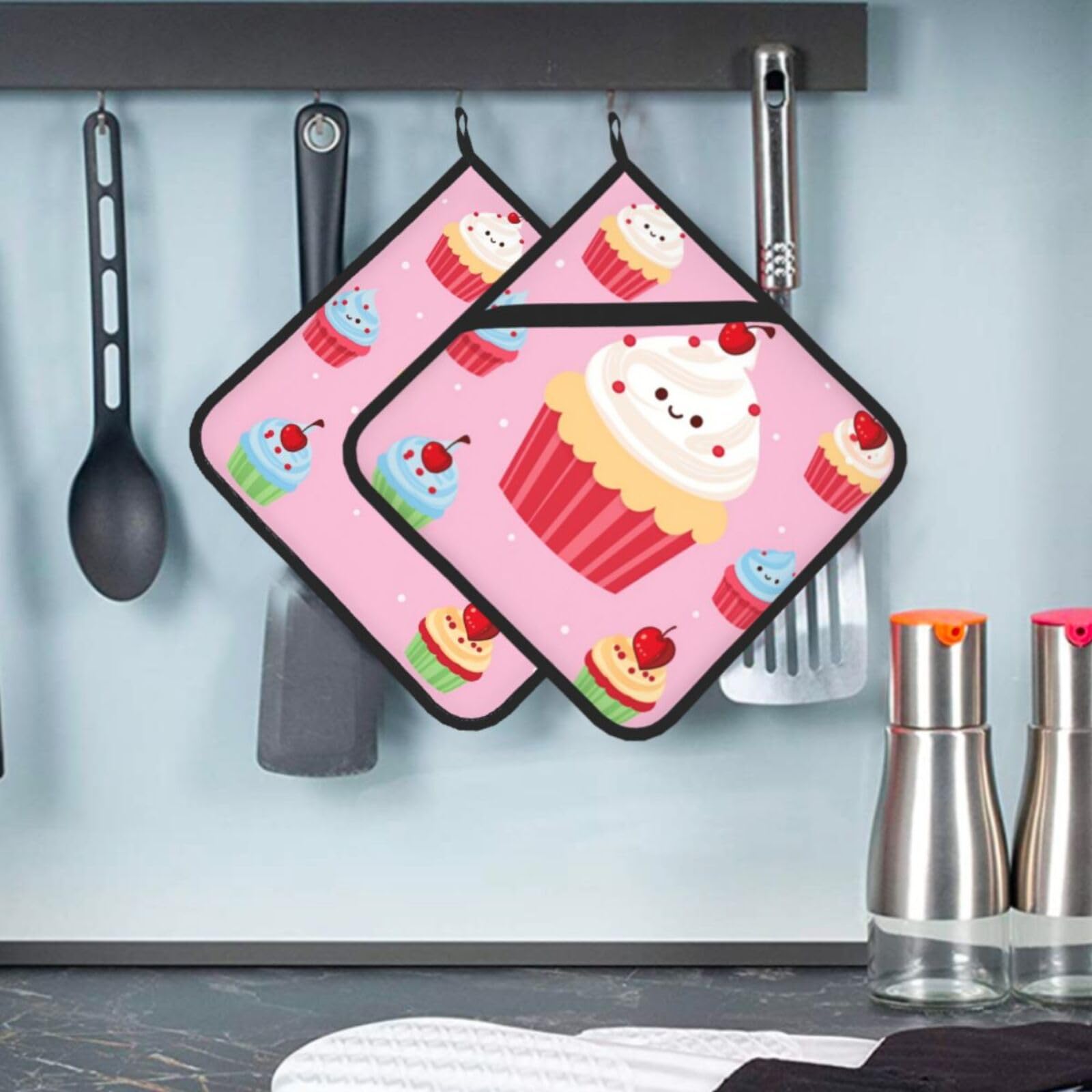 2 Pcs Pot Holders for Kitchen Heat Resistant Cotton Potholers Cute Cupcake Oven Hot Pads for Microwave Cooking Baking BBQ