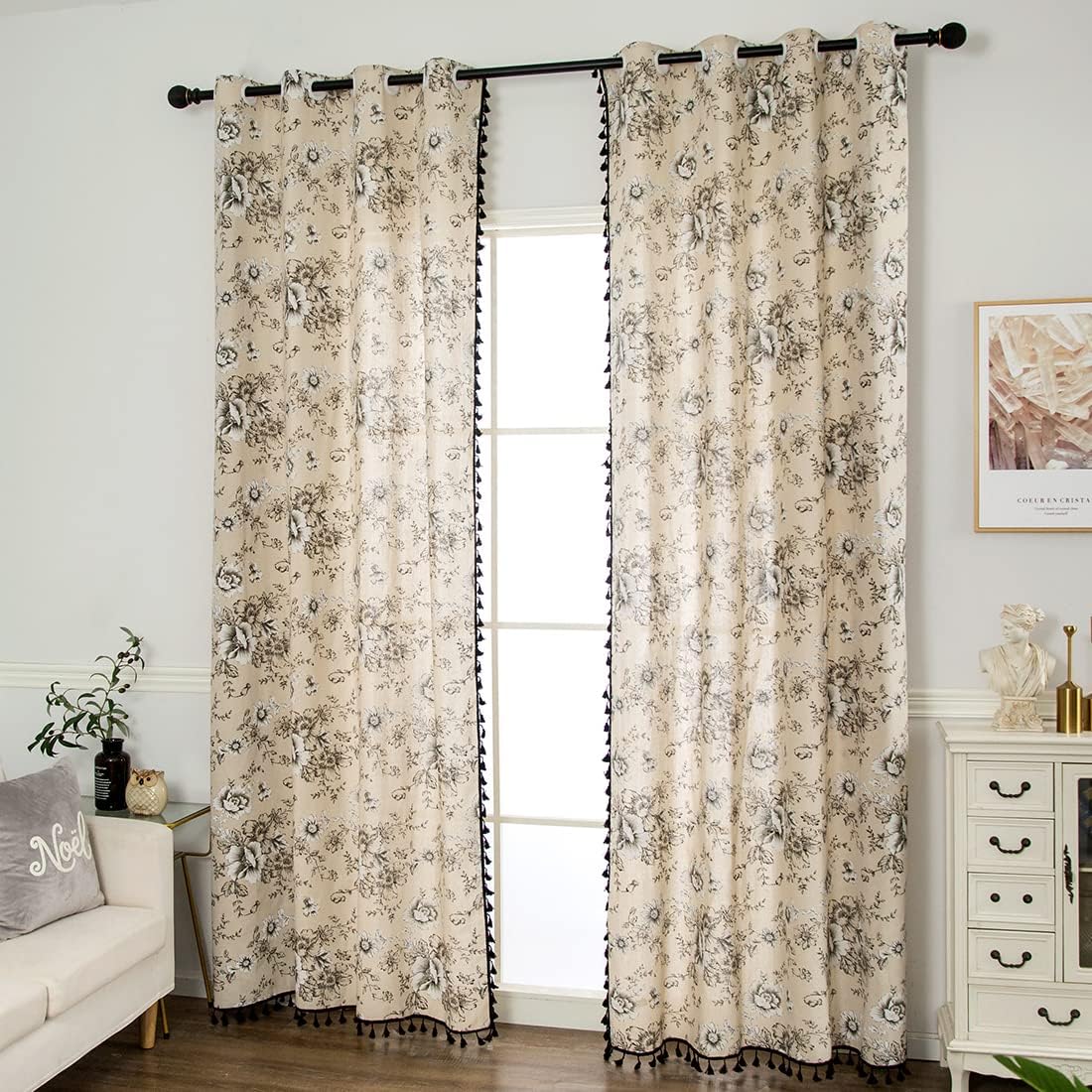 vctops Vintage Floral Print Window Curtain Panel with Tassels Grommet Cotton Linen Curtains Farmhouse Room Darkening Curtain Panel for Bedroom Living Room, 1 Piece (59"x102",Beige)