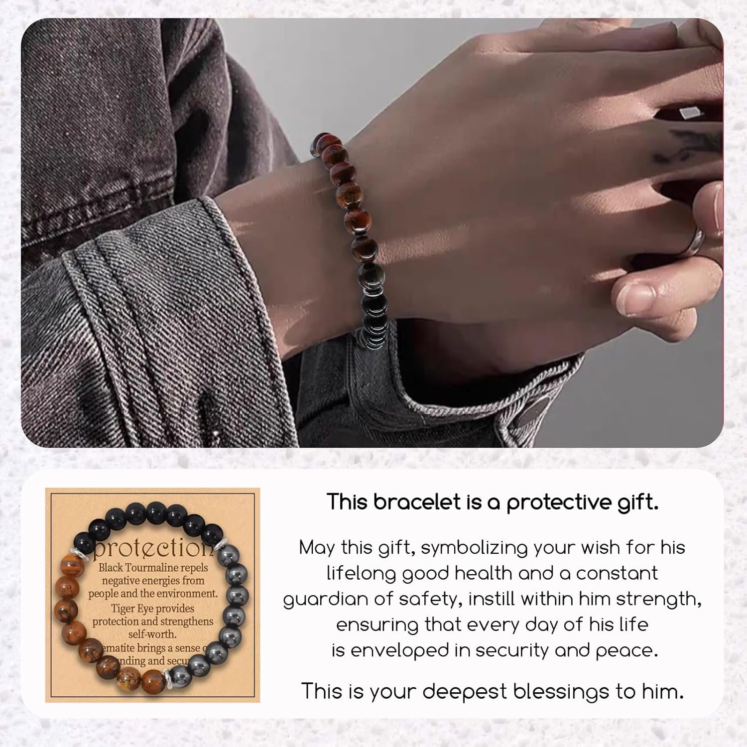 Energy Mens Beaded Bracelets,Triple Protection Bracelet for Men,Made of Three Kinds of 8mm Beads (Black Obsidian Hematite Tiger Eye Beaded), Personalized Gifts for Men - Image 2