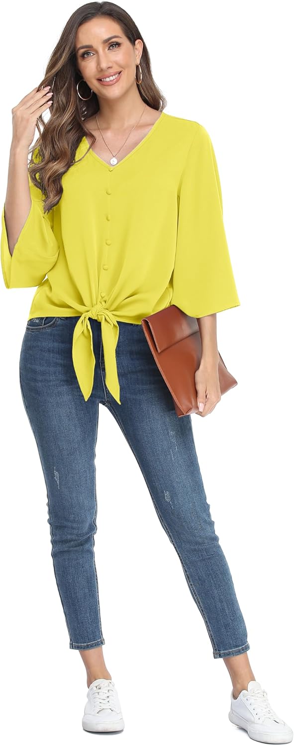 VIISHOW Women's Button V Neck Chiffon Tops 3/4 Bell Sleeve Tie Knot Casual Blouses Loose Summer Shirts - Image 2