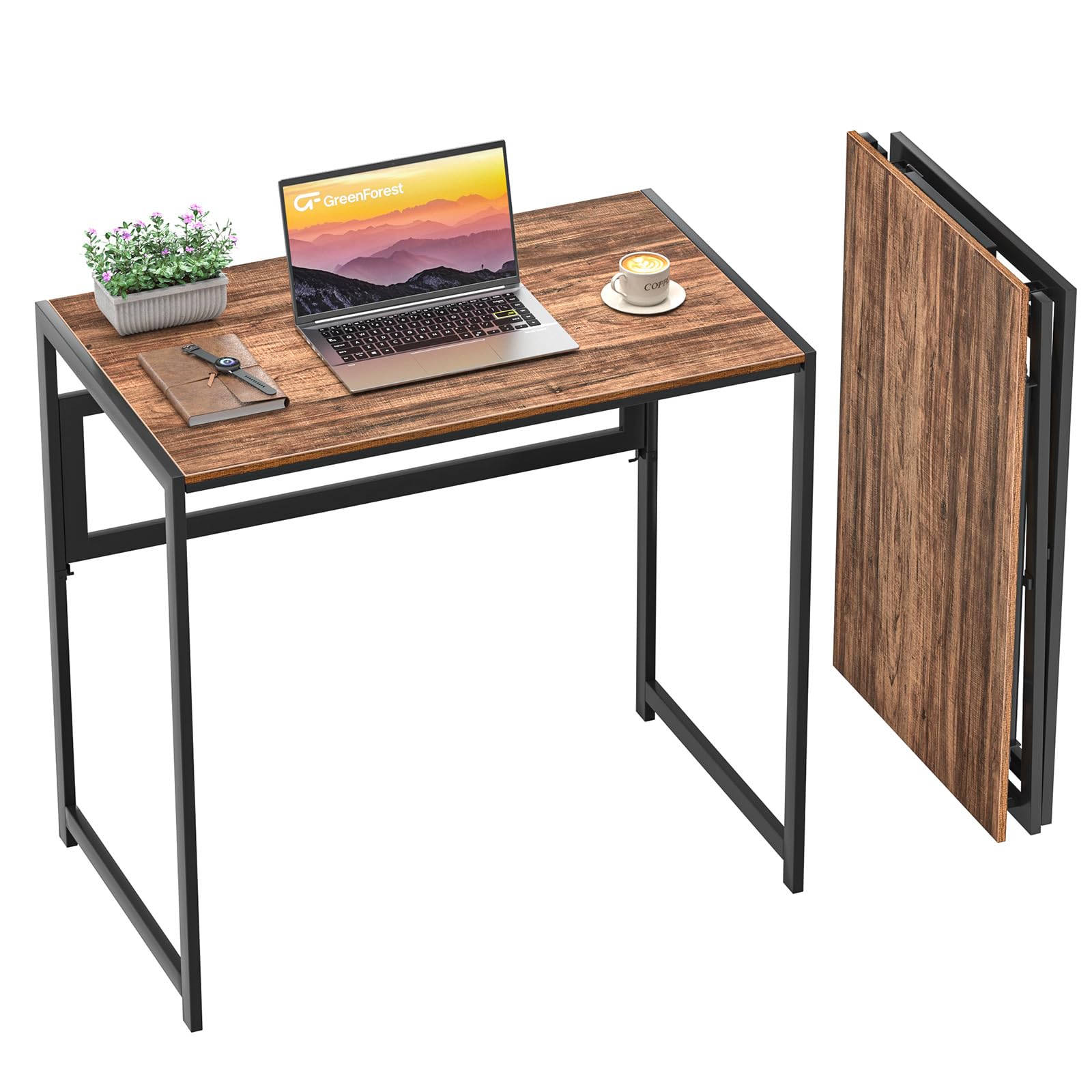 GreenForest Folding Desk No Assembly Required, 80cm Foldable Desk for Saving Space, Small Computer Desk for Home Office,Brown