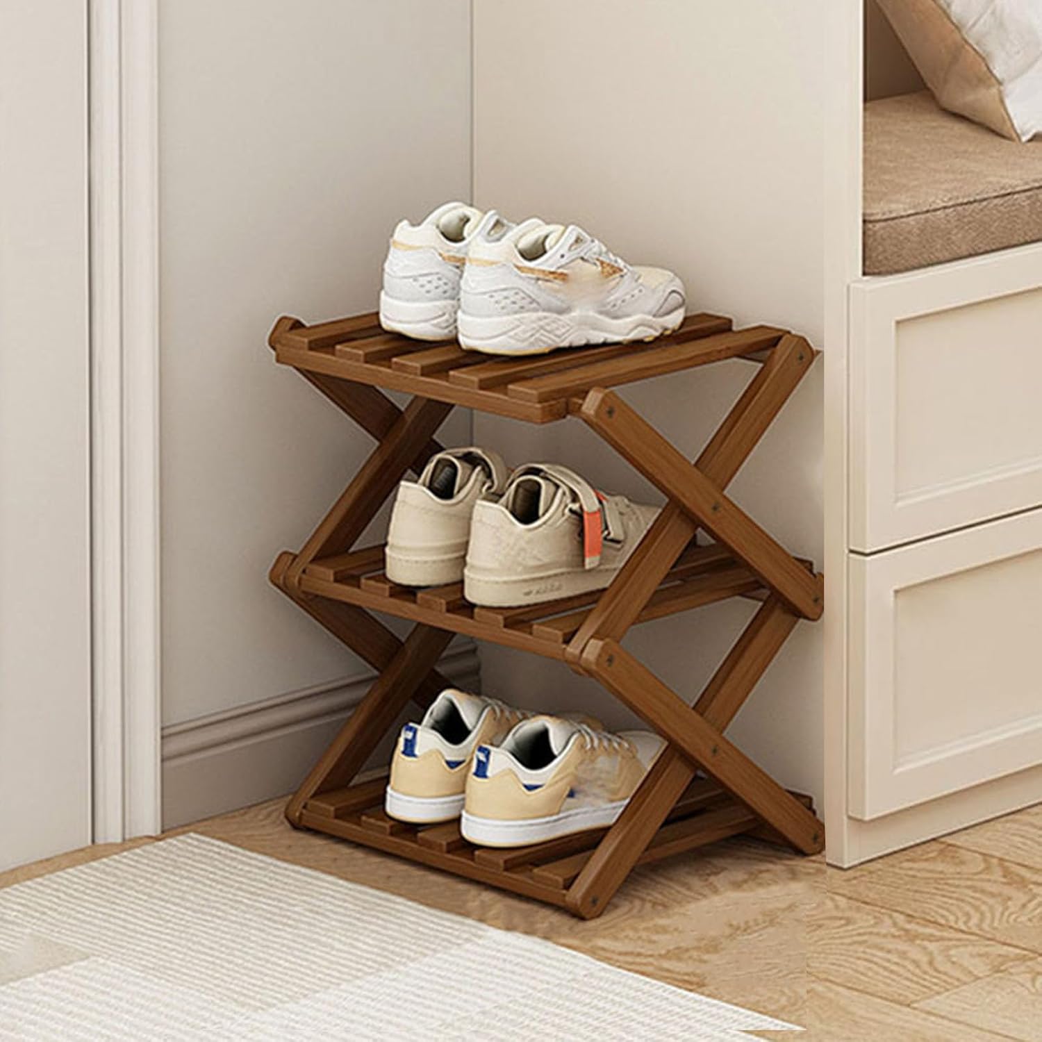 YYW Shoe Rack, Foldable Bamboo Shoes Shelf, Freestanding Shoe Storage Organiser for Entryway, Hallway, Bedroom, Closet (Wood Color, 7 Layers)