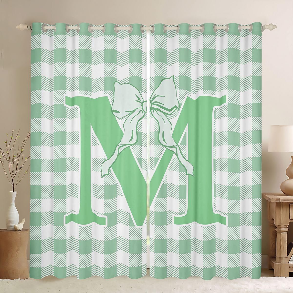 Feelyou Green Bowknot Blackout Curtains Cute Plaid Checkered Darkening Drapes for Bedroom Living Room Decor Personalized Letter H Thermal Insulated Shades Window Treatments, 2 Panels 52 x 63 Inch