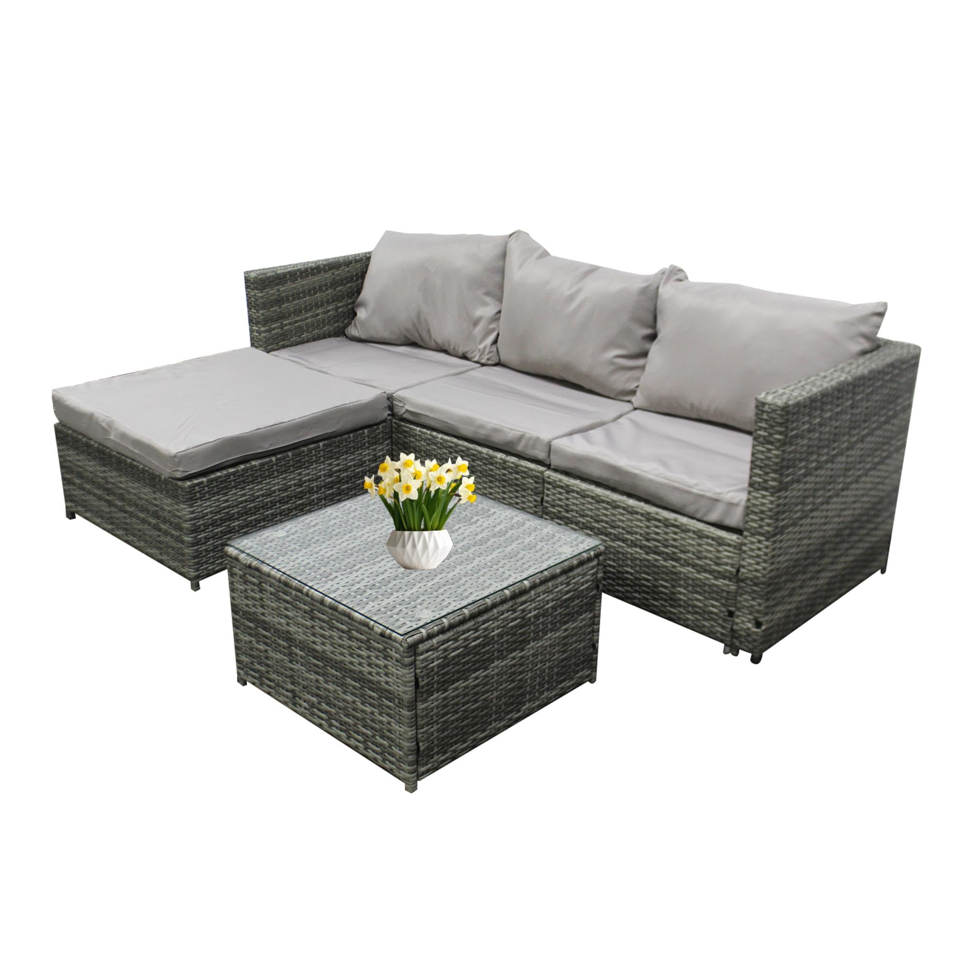 Grennswick 4-Seater All-Weather Rattan Corner Sofa Set With Tempered Glass Coffee Table, Ottoman - L-Shaped Patio Garden Furniture (Mix Grey Rattan+grey Cushion)