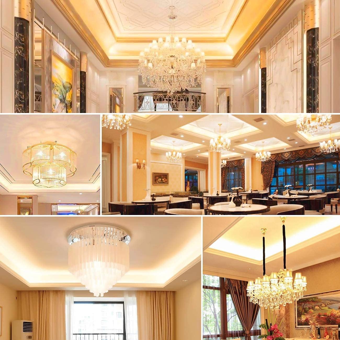 Various chandeliers illuminated by KLED LED bulbs in different elegant settings.