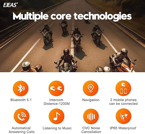 Miniatura 2 de EJEAS Intercomunicador Bluetooth V7 para casco de motocicleta, conecta 2 teléfonos, reducción de ruido CVC, batería de 850 mAh, impermeable IP65