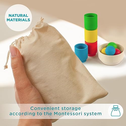 Miniatura 9 de Ulanik Kit de iniciación de bolas en tazas, juguetes Montessori para niños de 1 año, juego de madera a juego para aprender a clasificar y contar