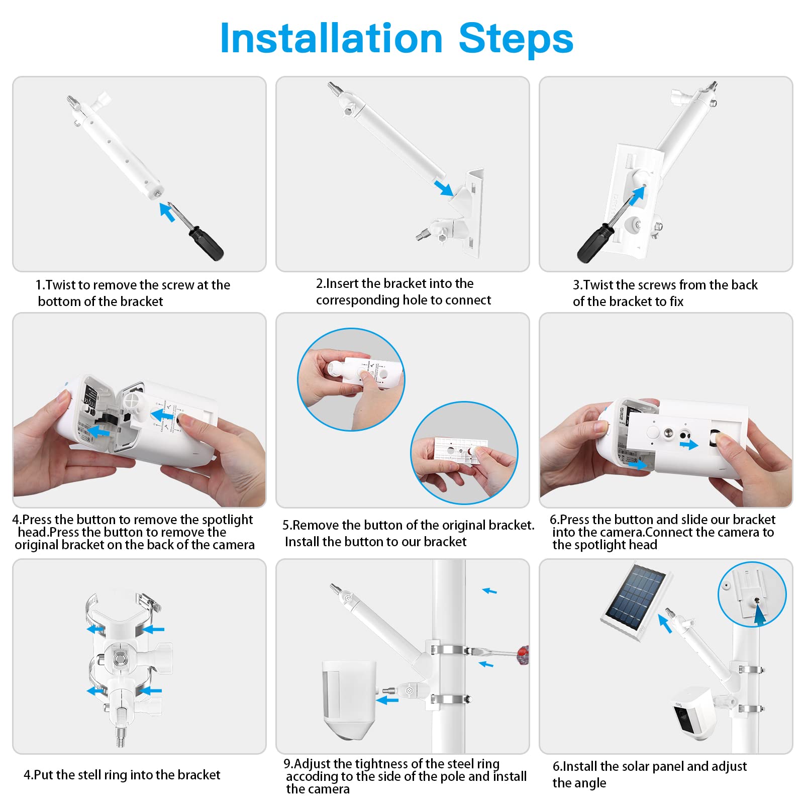 HOLACA Supporto da palo 2 in 1 compatibile con R-ing Stick Up Cam/Pro, Spotlight Cam Plus/Pro, Eufy, Arlo Security Camera, per qualsiasi fotocamera e pannello solare con filettatura da 1/4", bianco