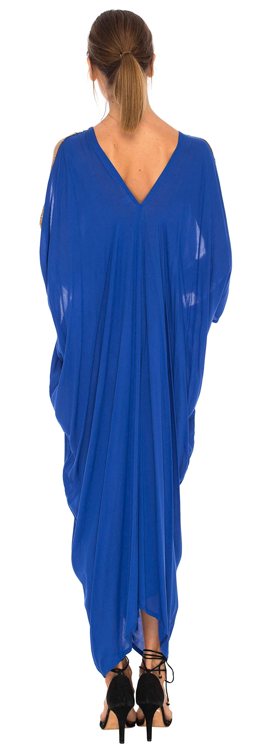 SHU-SHI - Maxi Abito/Caffetano da Spiaggia - Scollo a V e Maniche con Aperture Laterali - Dettagli Dorati - Donna
