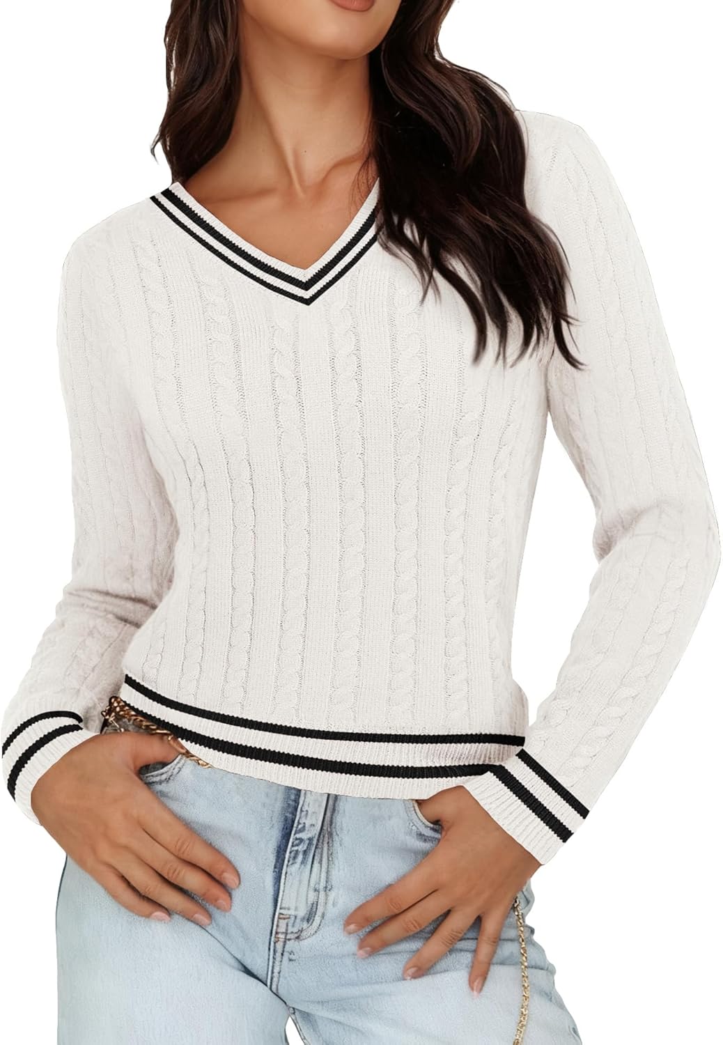 Cable Knit Sweater Women V Neck Tops for Women Long Sleeve Pullover Clothes Casual Trendy Outfits - Image 2