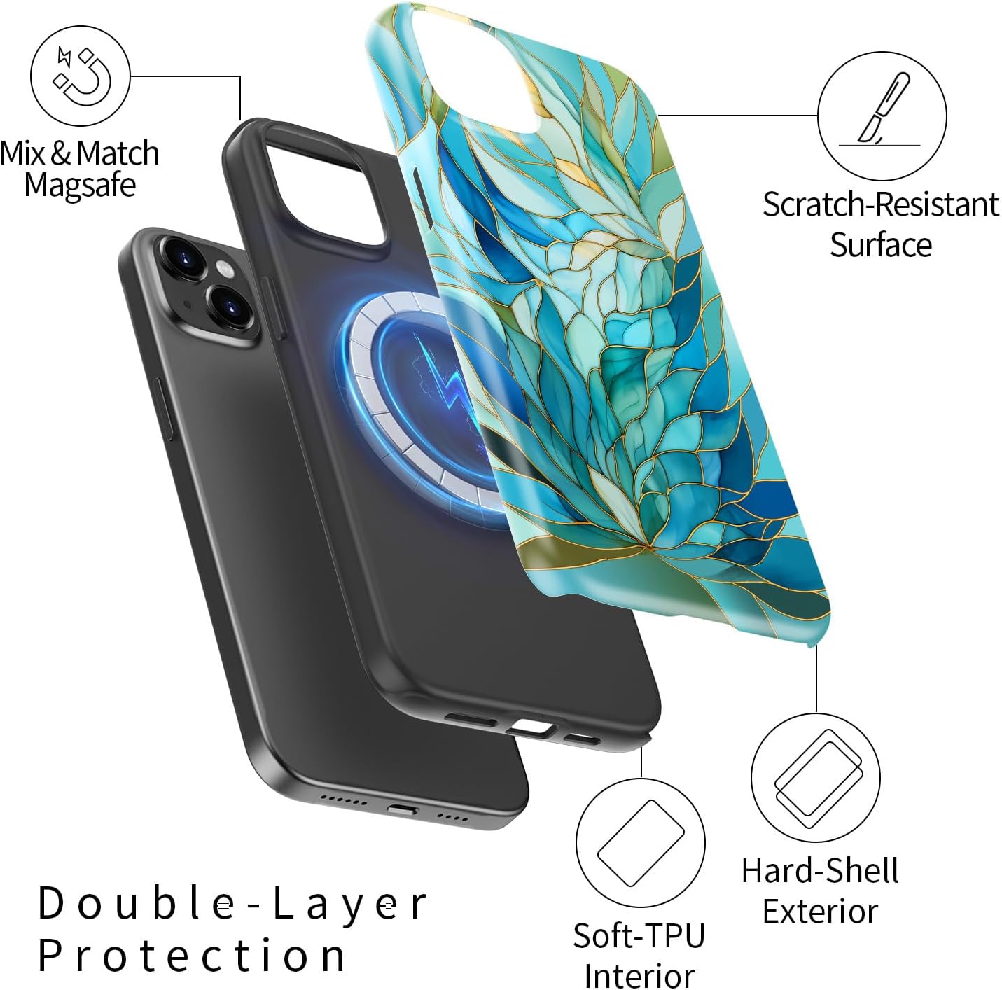 for iPhone 15 Case - Wireless Charging Compatible - Dual-Layer Hard Shell + Silicone Cover - Shockproof Protective Phone Case with Stylish Designs for Women - Blue Leaves Flower - Image 2