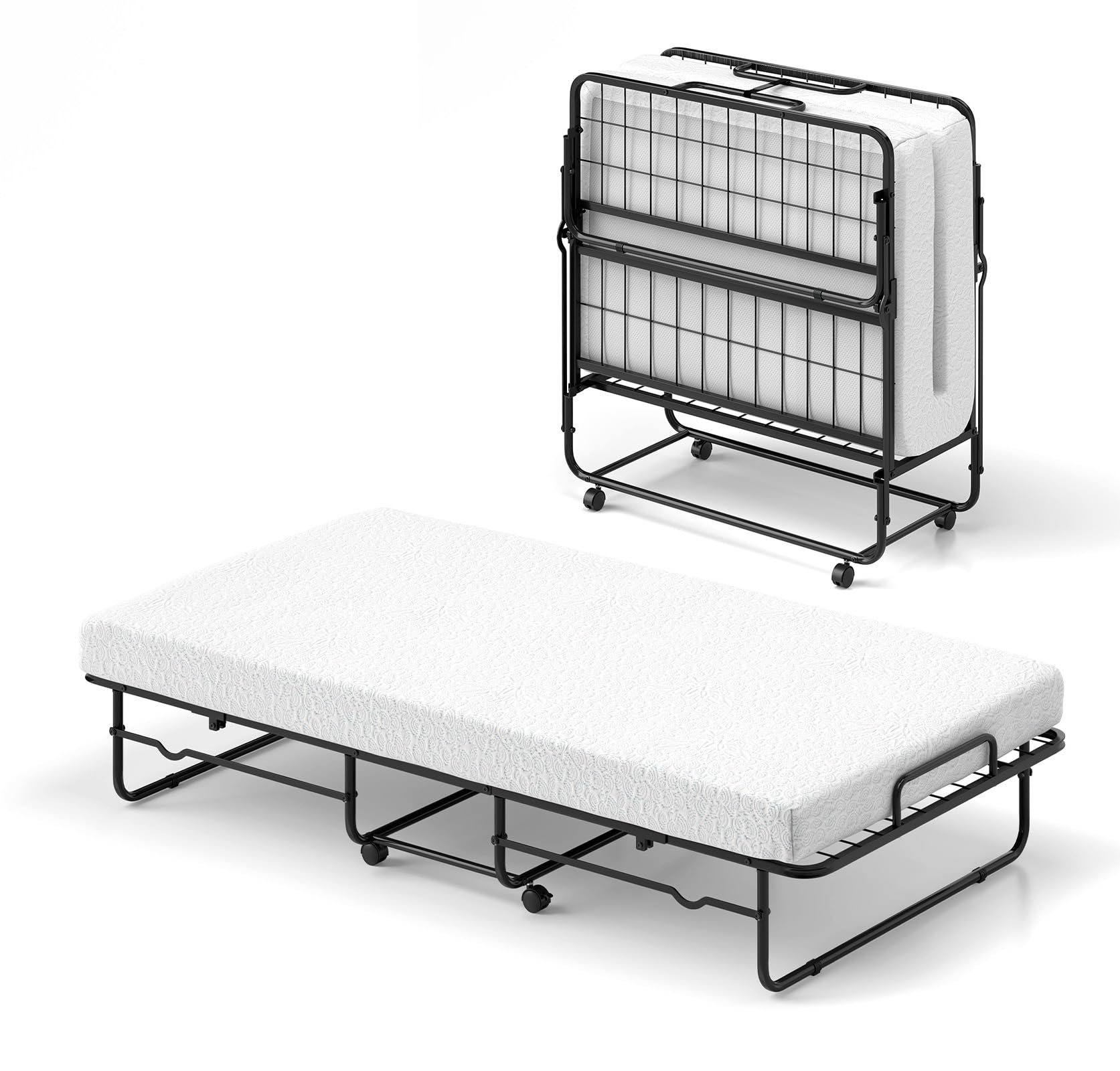 GIANTEX Cama Individual Plegable con Colchón 90 x 190 cm, Espuma Viscoelástica y Marco de Metal, 4 Ruedas, Carga hasta 220 kg, Cama Supletoria Portátil para Hotel, Viaje