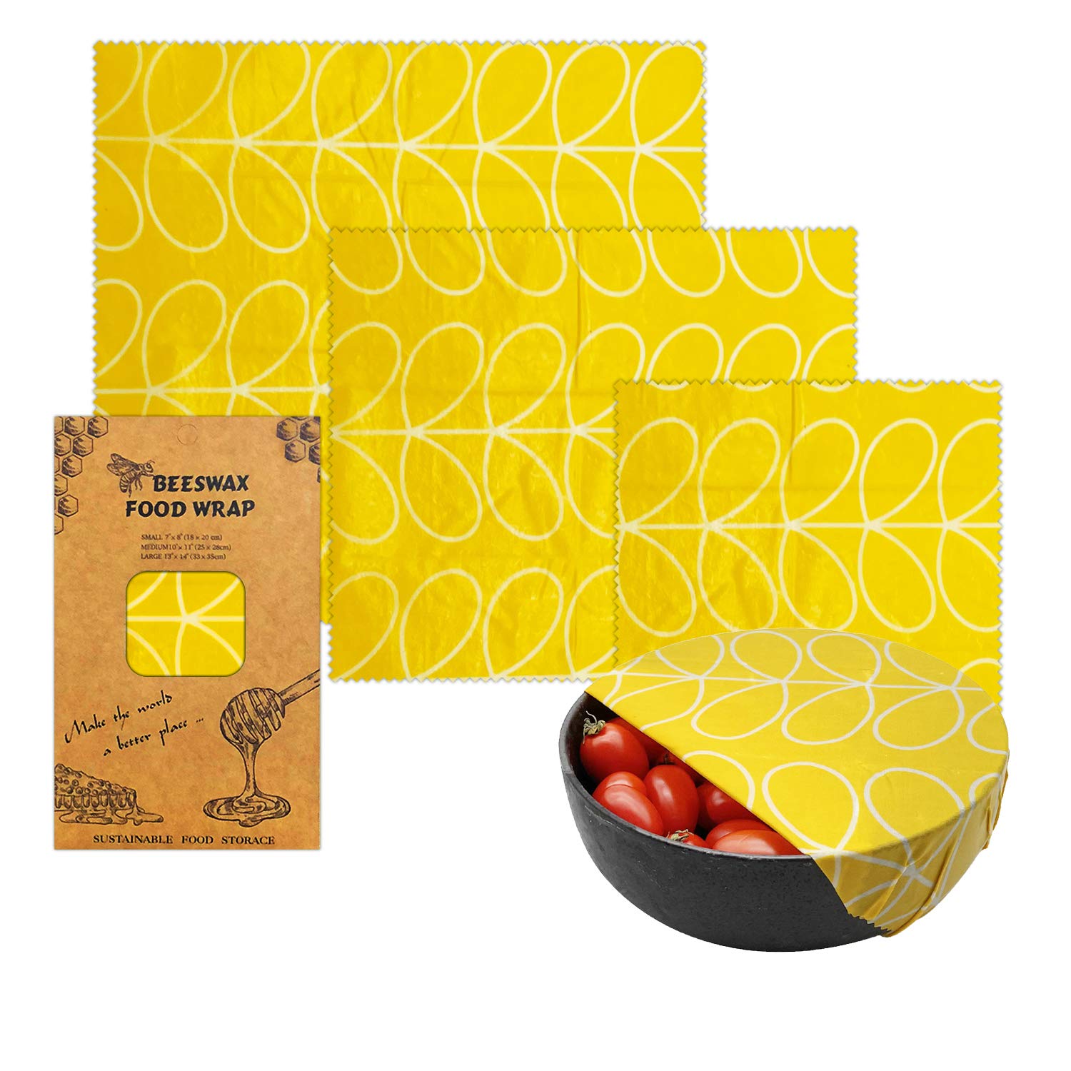 Stylec Honey Beeswax Set Of 3 Reusable Biodegradable Plastic Alternatives Storage Food Wax Wraps-Sandwich Washable Wrapper-Natural Organic Plastic Free (Honey)