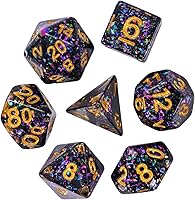 Vista 2 de Juego de dados de resina para DND, juego de 7 dados poliédricos negros D&D rellenos con papel de colores brillantes para juegos de rol