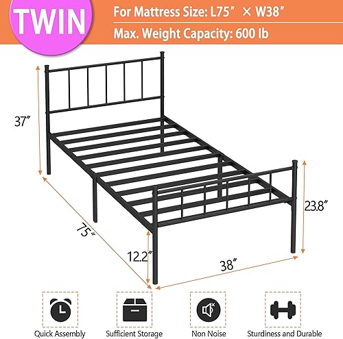 Miniatura 2 de Twin Bed Frame-Classic Metal Platform Bed Frame,Mattress Foundation with Steel Slat Support,Under Foundation Storage,No Box Spring Needed, Easy