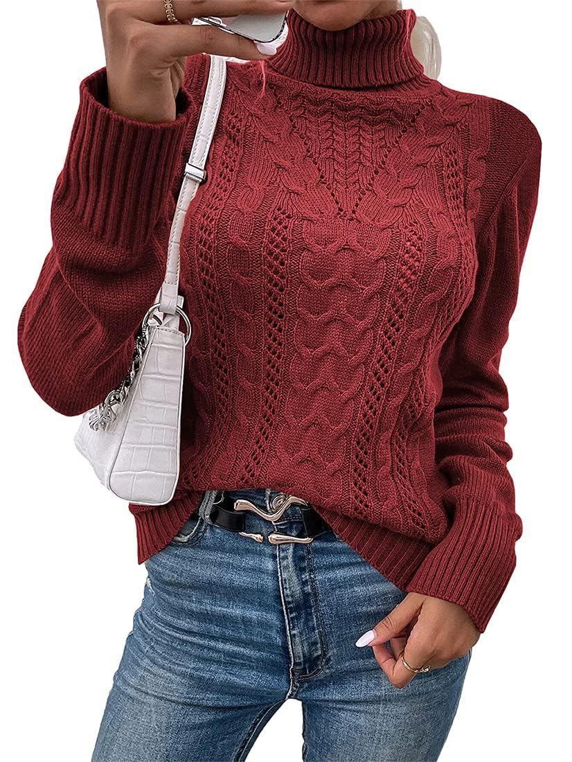 Fisoew Pullover Damen Elegant Rollkragenpulli Cable Knit Langarm Strickpullover Casual Jumper Sweater Wollpulli.