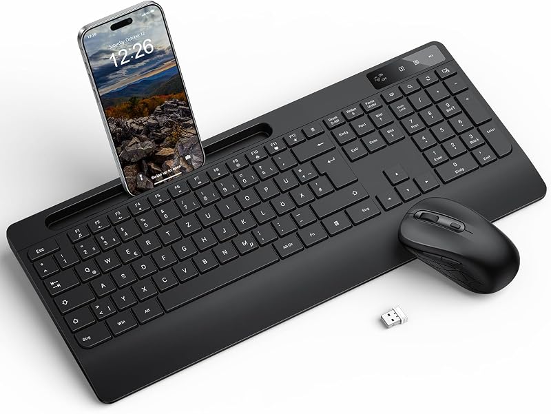OMOTON Ergonomikus Vezeték Nélküli Billentyűzet-Egér Szett QWERTZ Német Kiosztással, Csuklótámasszal, Állvánnyal, PC/Windows Kompatibilis, F