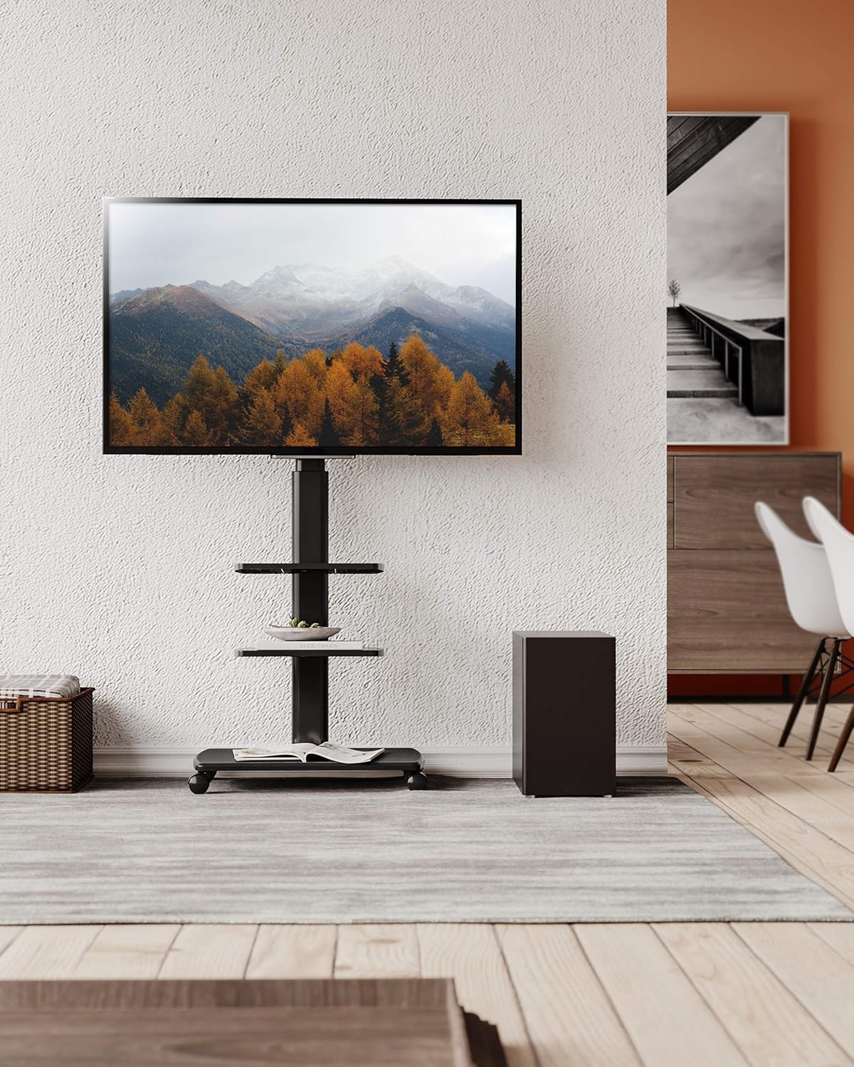FITUEYES Supporto TV Da Pavimento Mobile Con 3 Ripiani Per TV 32–70 Pollici Fino A 40 Kg, Altezza Regolabile E Girevole, VESA Massimo 600×400, Ideale Per Appartamenti E Uffici
