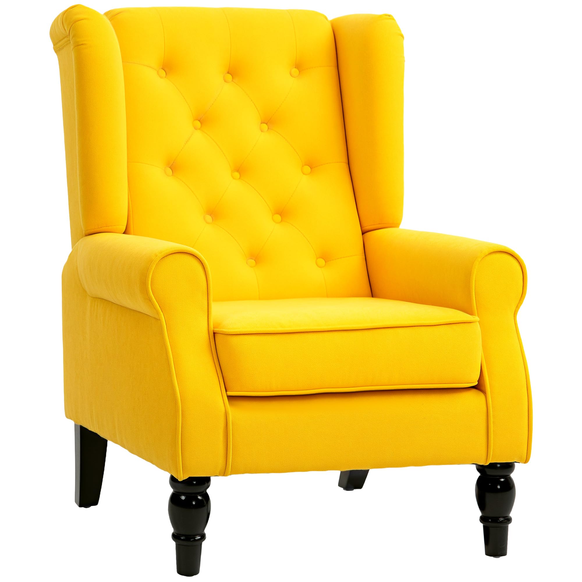 HOMCOM Mid-Century Modern Accent Chair, High Wingback Chair, Button-Tufted Upholstered Fabric Armchair with Retro Wood Legs for Living Room, Bedroom, Yellow