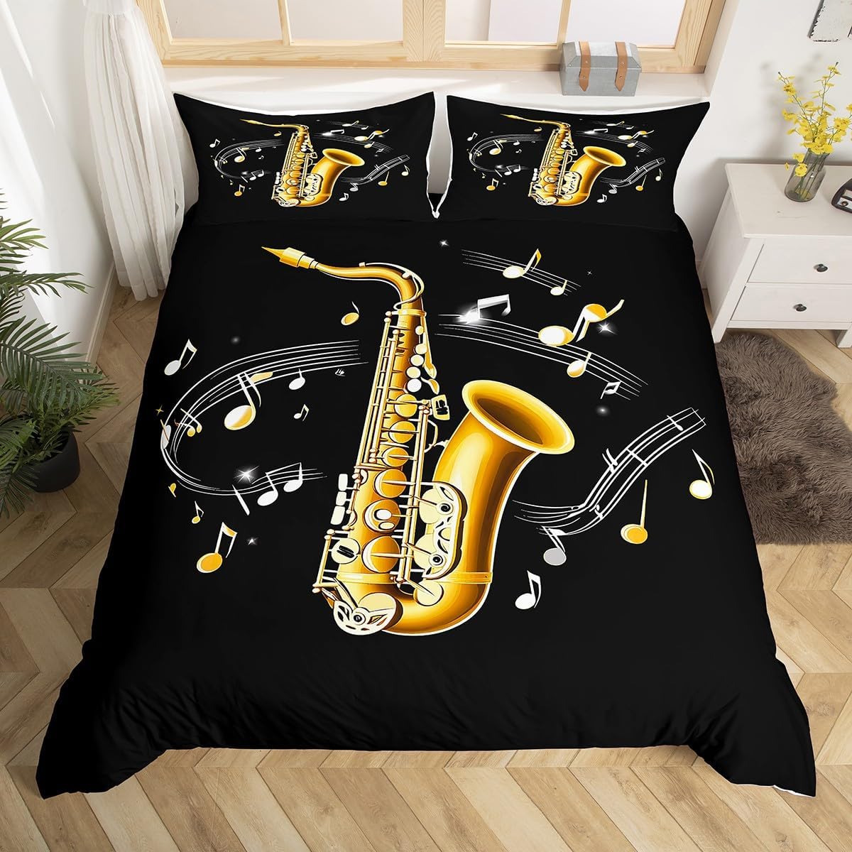 Erosebridal Saxophone Bedding Set Rotating Musical Notes Duvet Cover Musical Instrument Comforter Cover Retro Jazz Music Theme Quilt Cover for Kids Boys Girls with 1 Pillow Case Twin Size Gold Black
