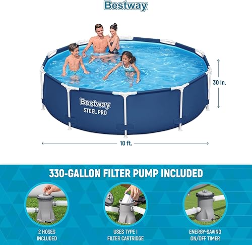 Miniatura 3 de Bestway Steel Pro - Juego de piscina redonda de 10 pies x 30 pulgadas con marco sobre el suelo, para exteriores, con bomba de filtro de 330 GPH, azul