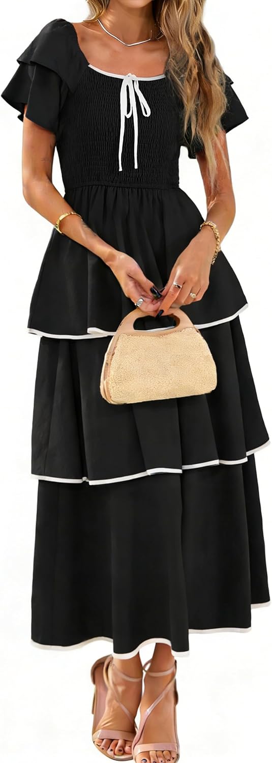 BerryGo Womens Summer Flowy Wedding Guest Maxi Dress Smocked Tiered Boho Casual Short Sleeve Square Neck Ruffle Dresses