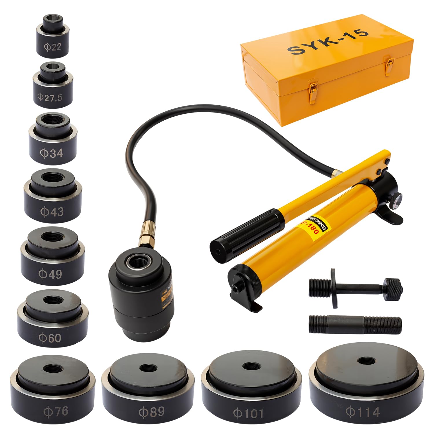SYK-15 Hydraulic Punch Driver Kit 15 Ton Manual Knockout Punch Tool | Φ22-114mm Dies, Cuts 4mm Steel/2mm Stainless, Heavy Duty Metal Sheet Hole Puncher for Steel, Aluminum, Stainless Steel