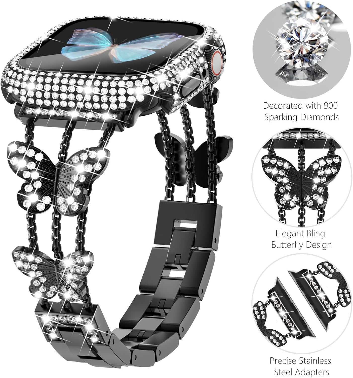 WINGLE Bling Band and Case for Apple Watch Band Women Series 11 10 42mm, Butterfly Diamond Metal Band Rhinestone Crystal Bracelet Jewelry Fancy Chain with Sparkle Screen Protector Case, 42 mm Black