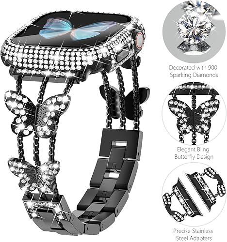 Vista 3 de Correa Bling y Funda WINGLE para Apple Watch para Mujeres 40mm SE 3/2/1 Series 6 5 4, Correa de Brazalete de Metal con Diamantes de Imitación