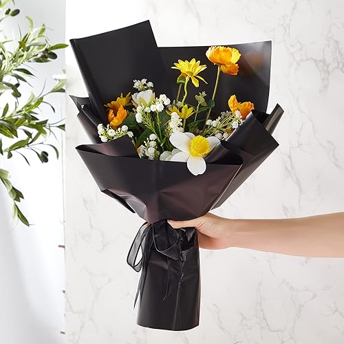 Miniatura 5 de Sabary 120 hojas de papel de regalo de flores impermeables, papel de embalaje de ramo floral negro con 6 rollos de cinta negra de 196 pulgadas,