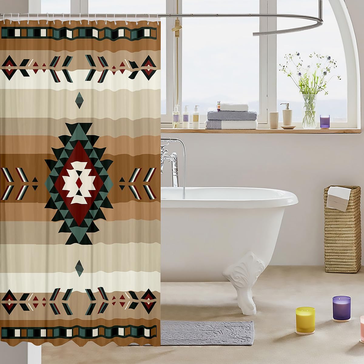 Feelyou 72"x78" Southwest Native Design Bath Curtain Southwestern Geometric Shower Curtain for Kids Waterproof Tribal Bathroom Shower Curtain Set Beige Kids Bathroom Accessories