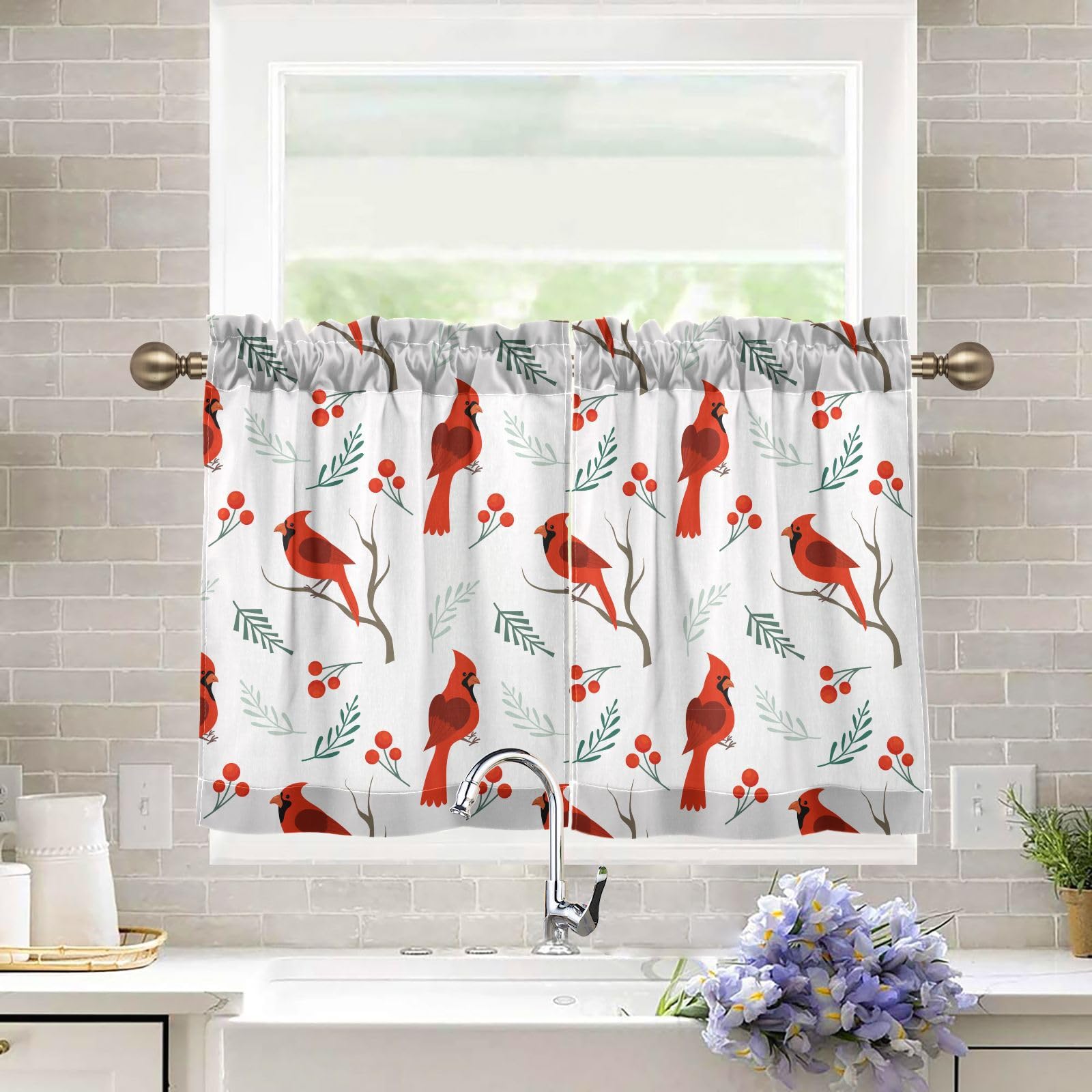 susiyo Winter Cardinals Tier Curtains, 2 Panels Kitchen Curtains 24 Inch Length Tier Curtains, Light Filtering Short Window Curtains Cafe Curtains,
