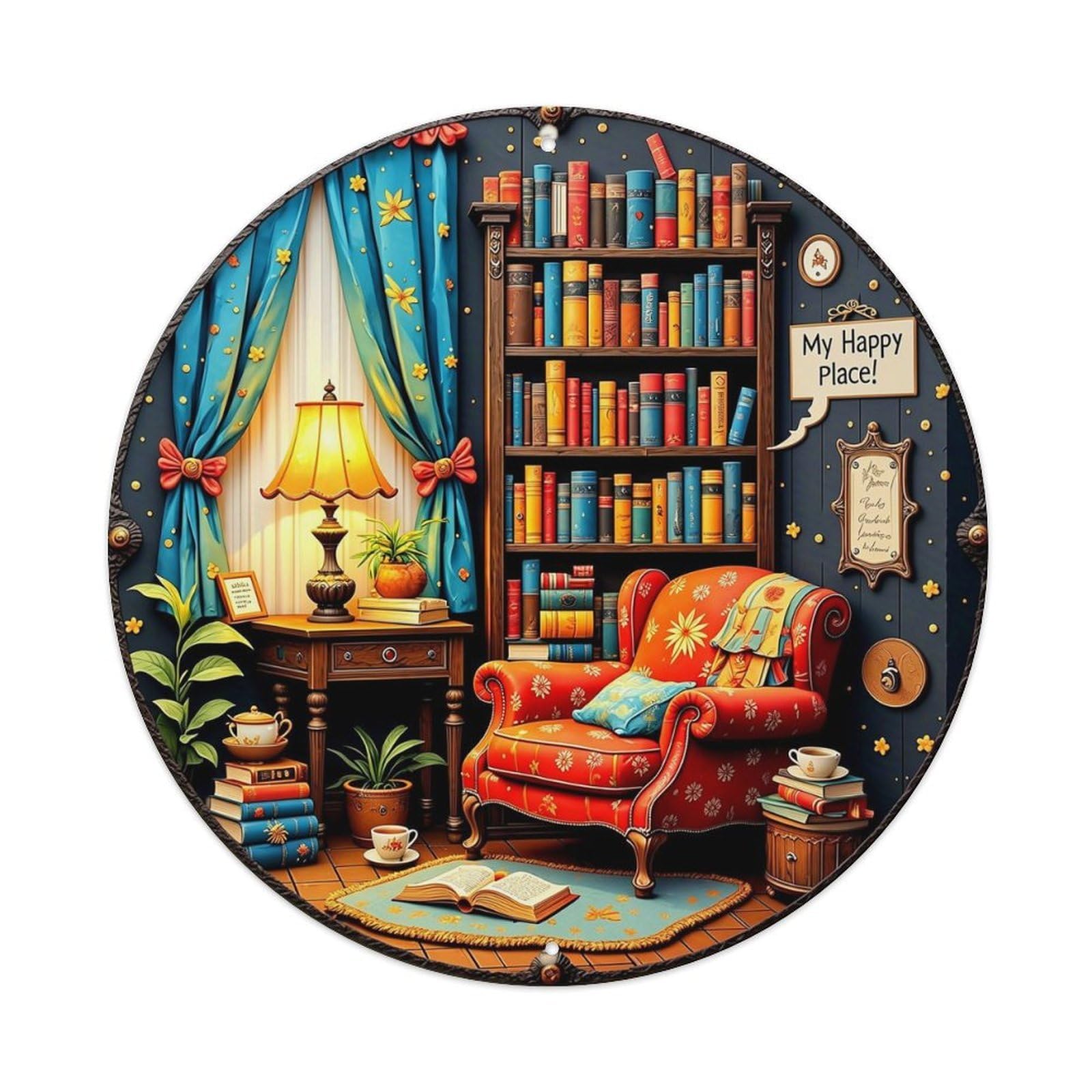 Jdyaojiesheng Vintage Cozy Library Reading Nook Scene Round Tin Sign Retro Metal Wall Decor Metal Poster, Home Bar Garage Farmhouse Cafe Wall Art Decoration 8X8inch