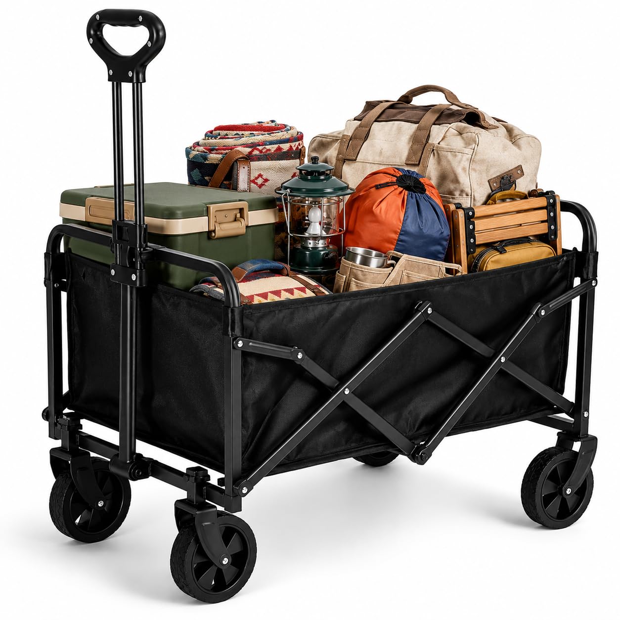 Carro de Plegable 100 l, Carga hasta 150 kg, Carro de Mano Plegable de Acero y Tela Oxford, Carreta de Transporte con Mango Ajustable, para Camping, Picnic, Jardín y Compras, 70 x 46 x 47 cm