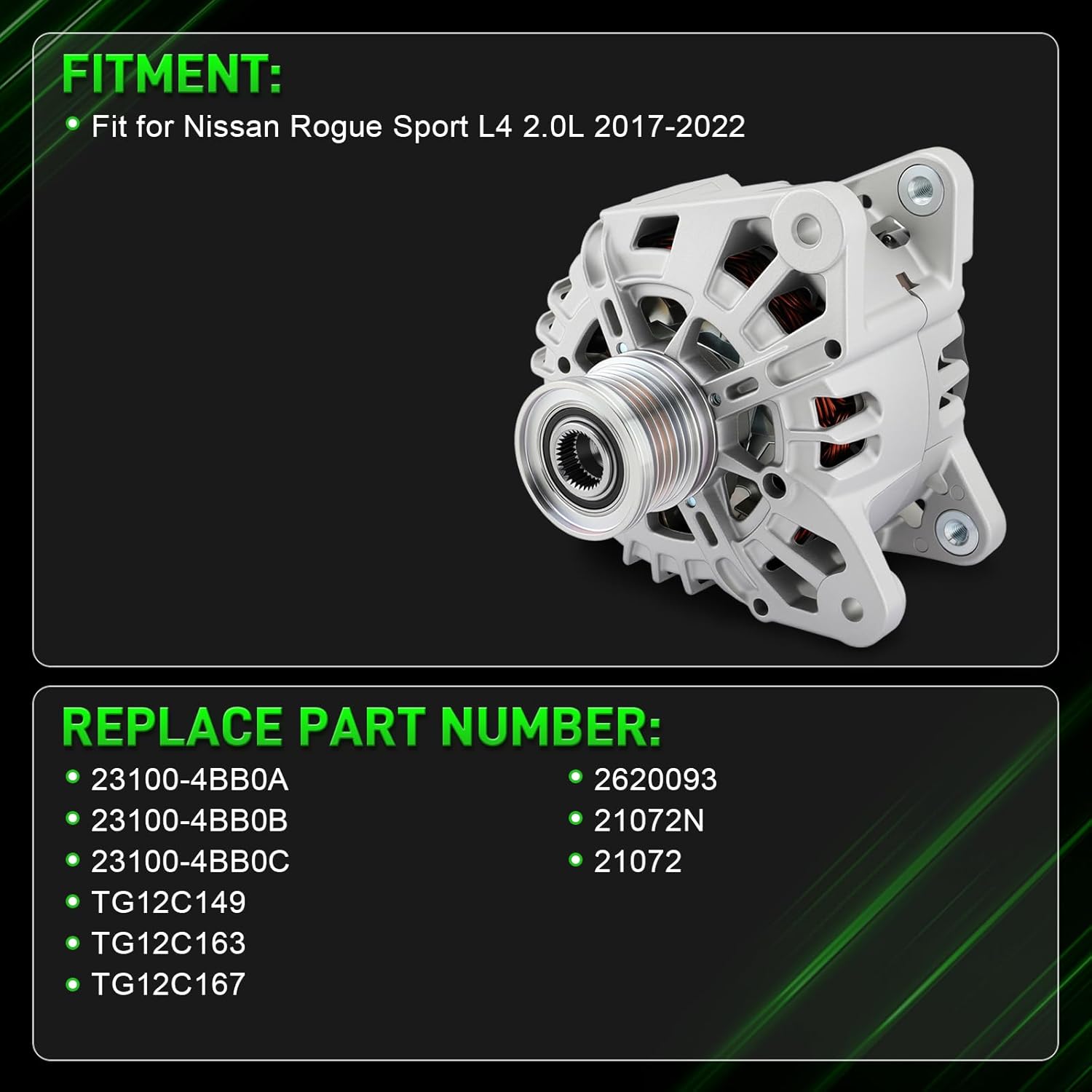 23100-4BB0A Alternator Fit for Nissan Rogue Sport L4 2.0L 2017 2018 2019 2020 2021 2022 120A 12V CW 6-Groove Clutch Pulley