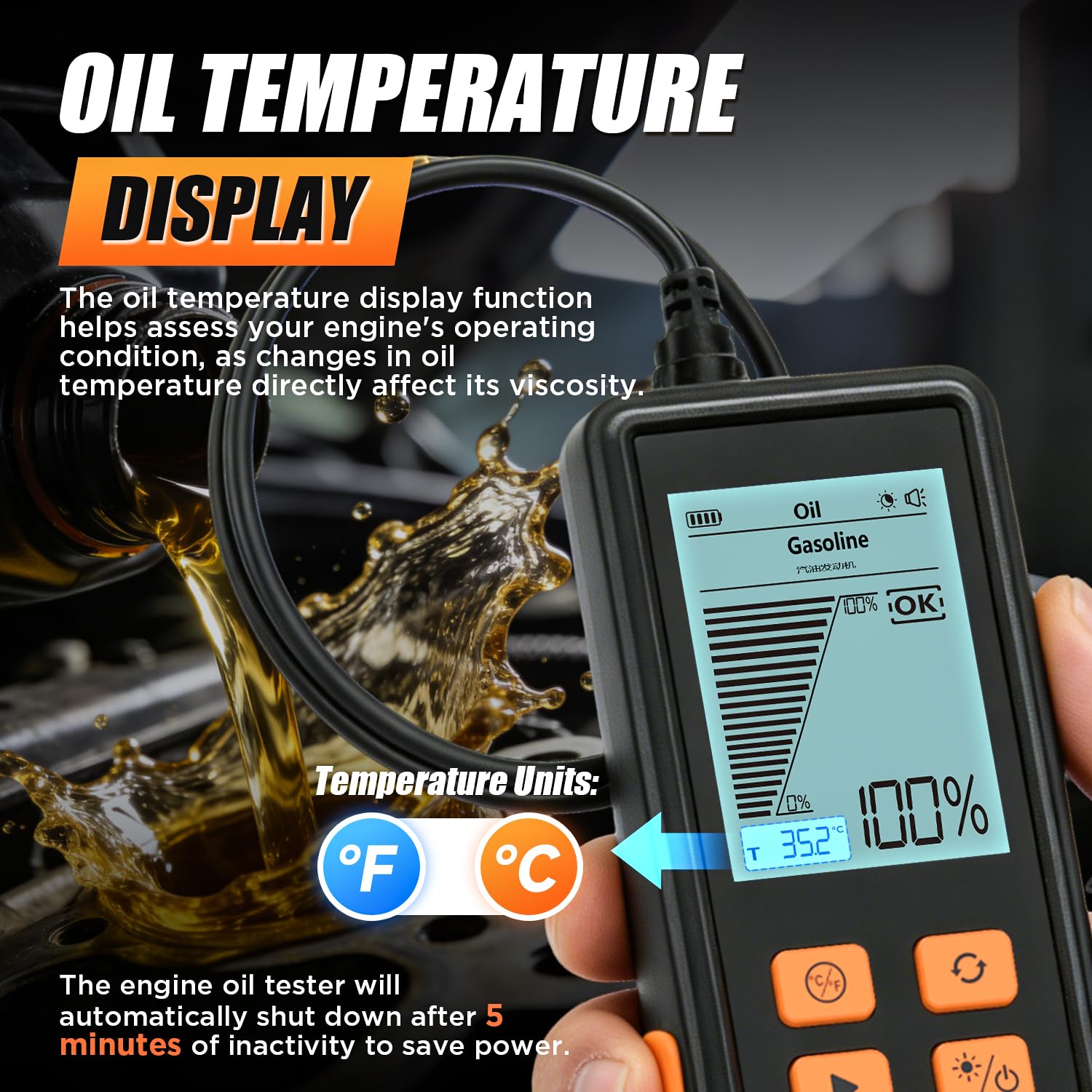 Probador de aceite de motor, probador de calidad de aceite de motor diésel y gasolina, sonda extendida de 50 pulgadas y respuesta rápida, analizador profesional de aceite de motor con pantalla LCD de