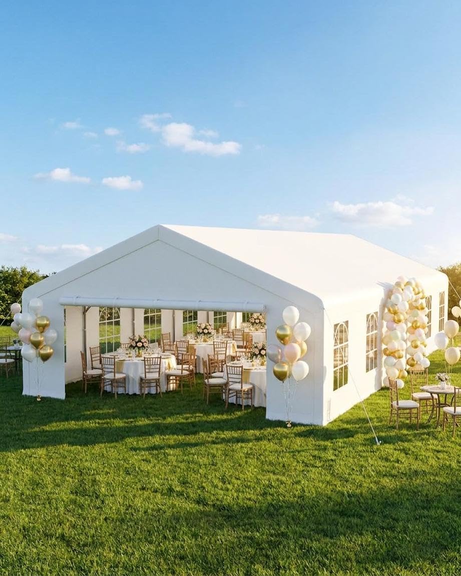 Photo 1 of 20x40 FT Outdoor Party Wedding Event Canopy Tent, Galvanized Steel Frame Shelter with Mesh Screen & Roll-Up Double Doors, Waterproof PE Cover, Removable Sidewalls and Windows