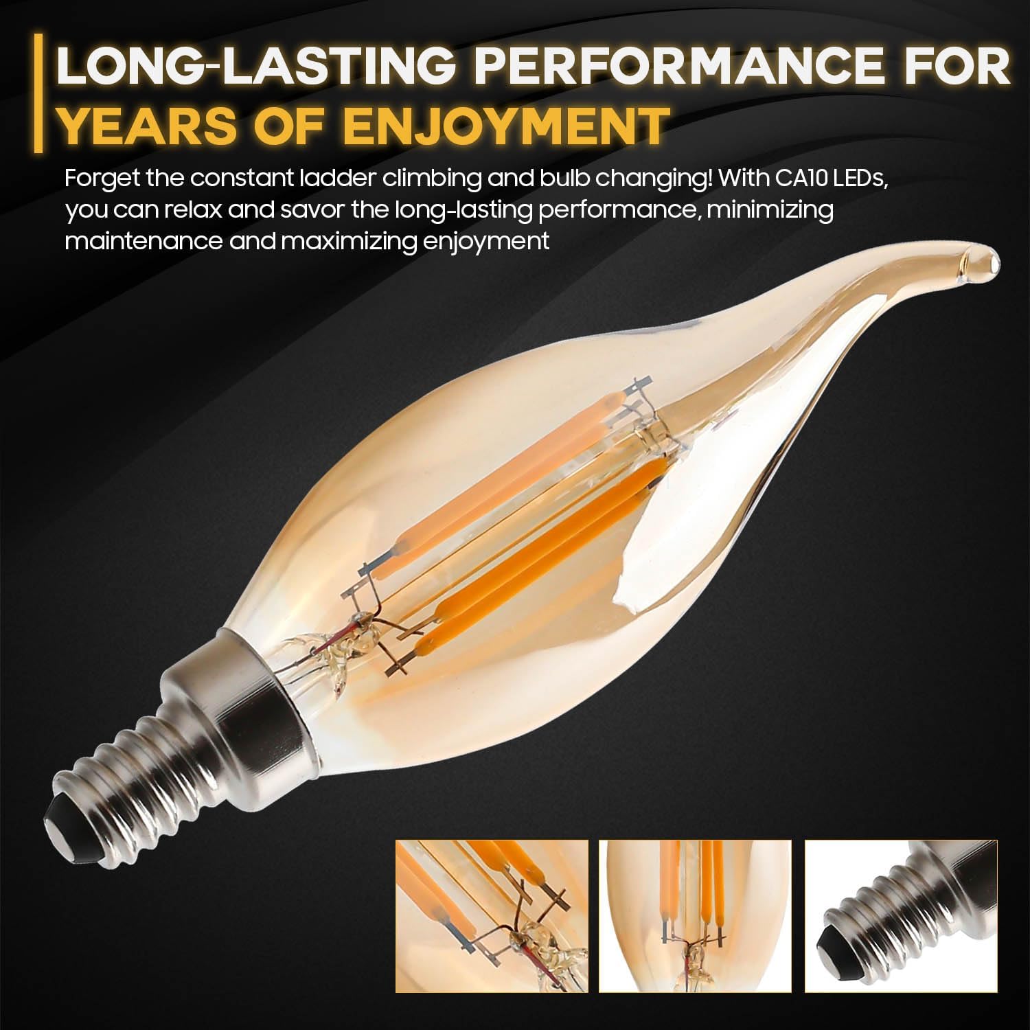 Seentech 6 Pack Dimmable Warm Amber CA10 C35 LED Candelabra Bulbs 2700K - Flame Tip, E12 Base, 4W (40W Eq.), 400lm - Decorative Bulb for Chandeliers, Sconces, Decorative fixtures