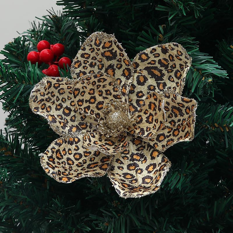 8 Pcs Christmas Magnolia Flowers Leopard Print Christmas Flowers Glitter Artificial Leopard Magnolia Flower Fake Poinsettias Magnolia with Stem for Wreath DIY Xmas Tree Holiday Party Supplies (White)