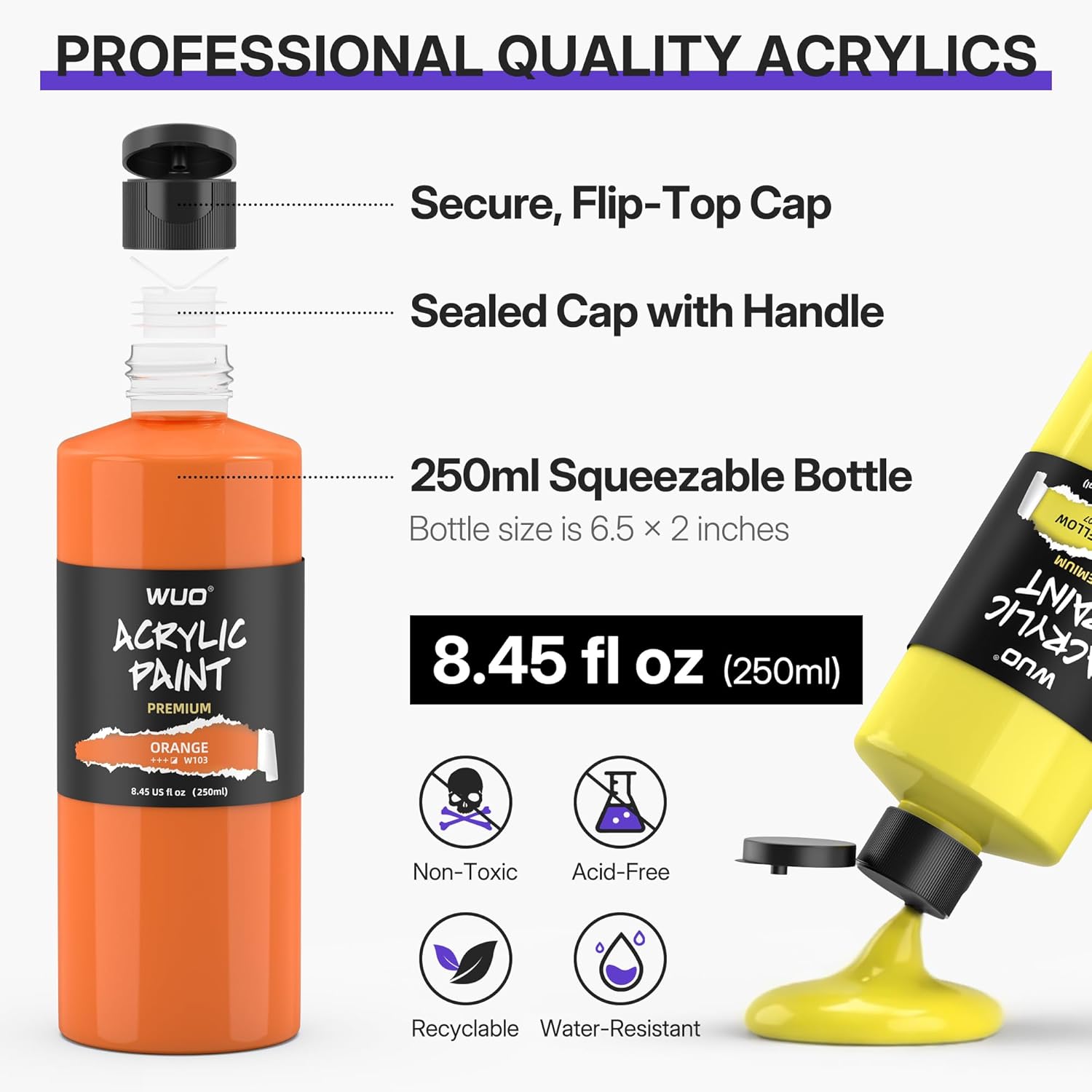 WUO 18 Colors Large Acrylic Paint Set, 8.45oz/250ml Bottles, Professional Rich Pigmented Bulk Painting Supplies for Artists DIY Lovers Kids on Rocks Crafts Canvas Wood Ceramic Leather Glass Paper