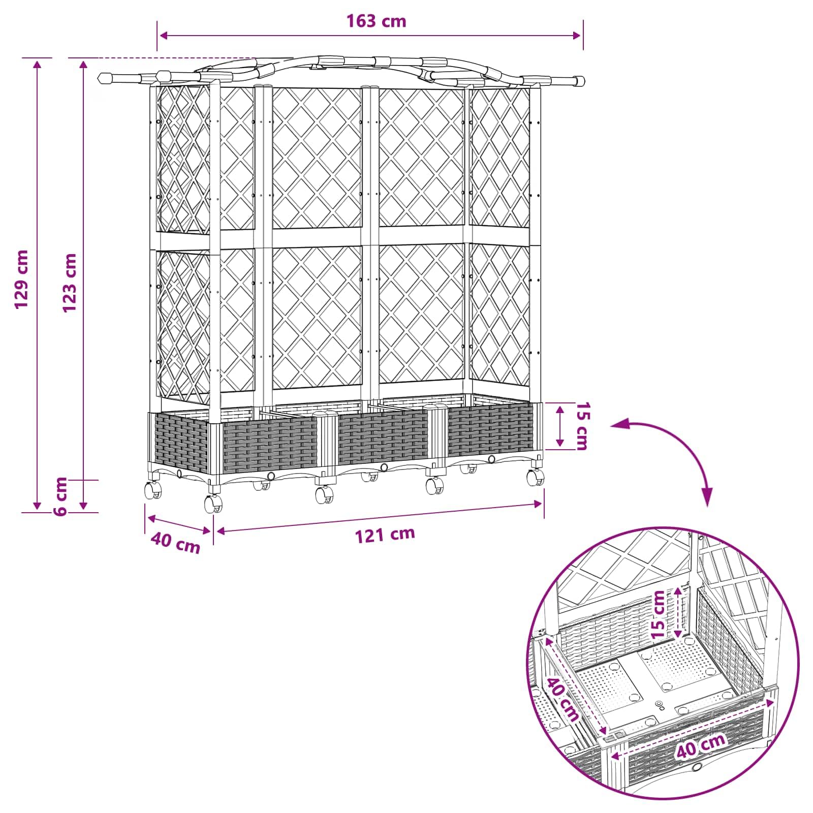 Jardinera con enrejado y techo marrón de polipropileno 163 x 40 x 129 cm para terraza, jardín y balcón, maceta con riego y almacenamiento de agua para hierbas y verduras