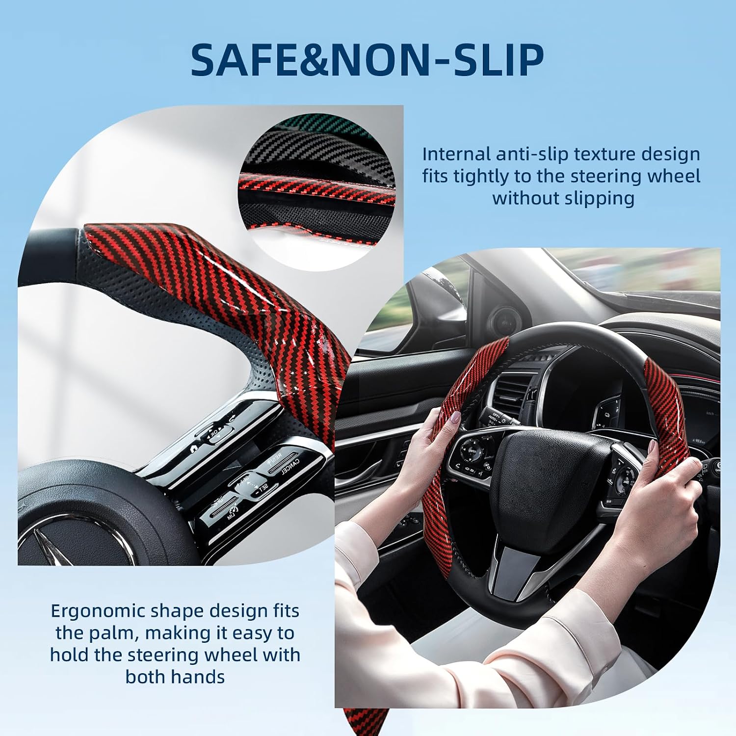 Carbon Fiber Steering Wheel Cover 2PCS Segmented Clip-on Protector (Red) image 5