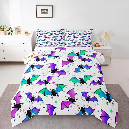 Miniatura 10 de Erosebridal Juego de ropa de cama de murciélago de Halloween, tamaño Queen, juego de edredón con estrellas y galaxias con purpurina para niños,
