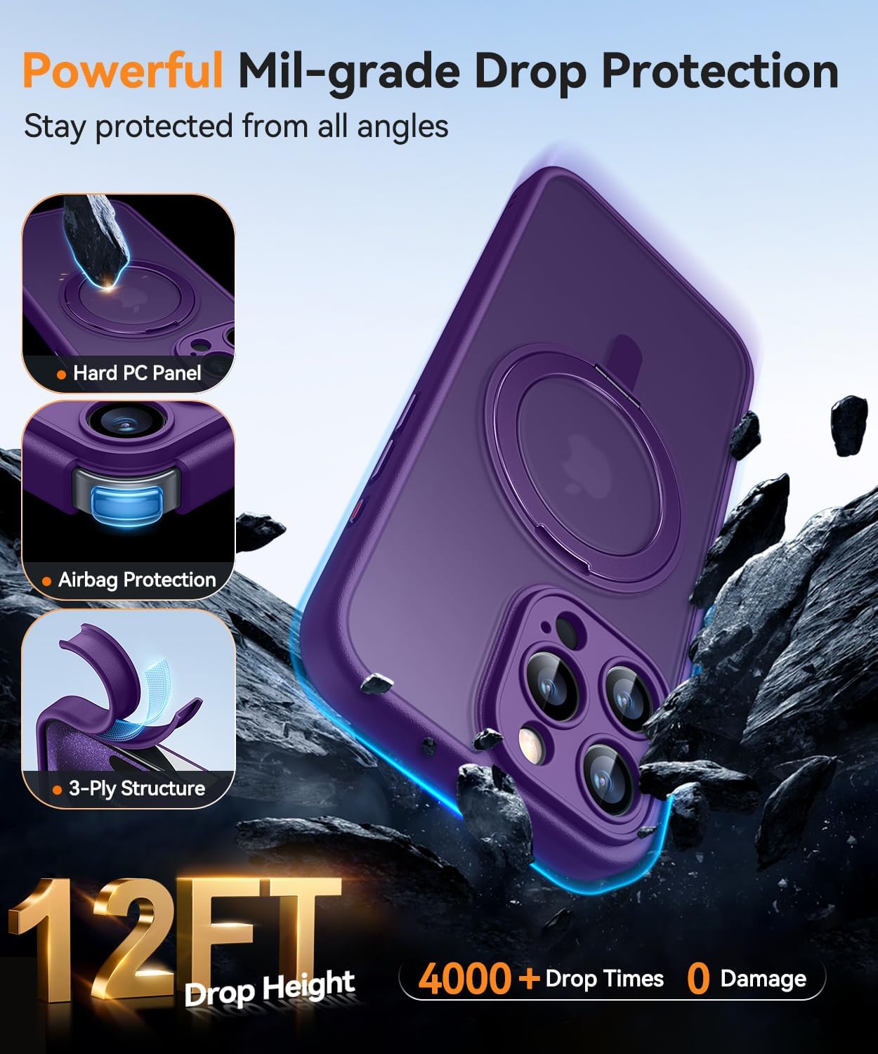 CANSHN 360° Spin Magnetic Stand for iPhone 15 Pro Max Case [Full Camera Protection] [Compatible with Magsafe] [Translucent Matte] Shockproof Protective Kickstand Phone Cover 6.7" - Deep Purple - Image 7