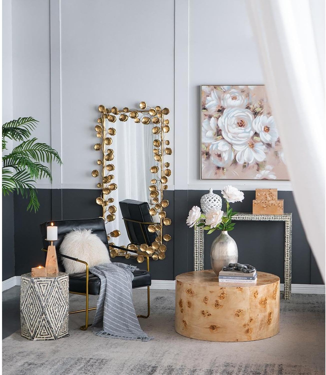 61” x 31” Full Length Rectangle Wall Mirror with Golden Leaf Accents, Decorative Accent Mirror, Contemporary Mirror, for Living Room, Bedroom, Office
