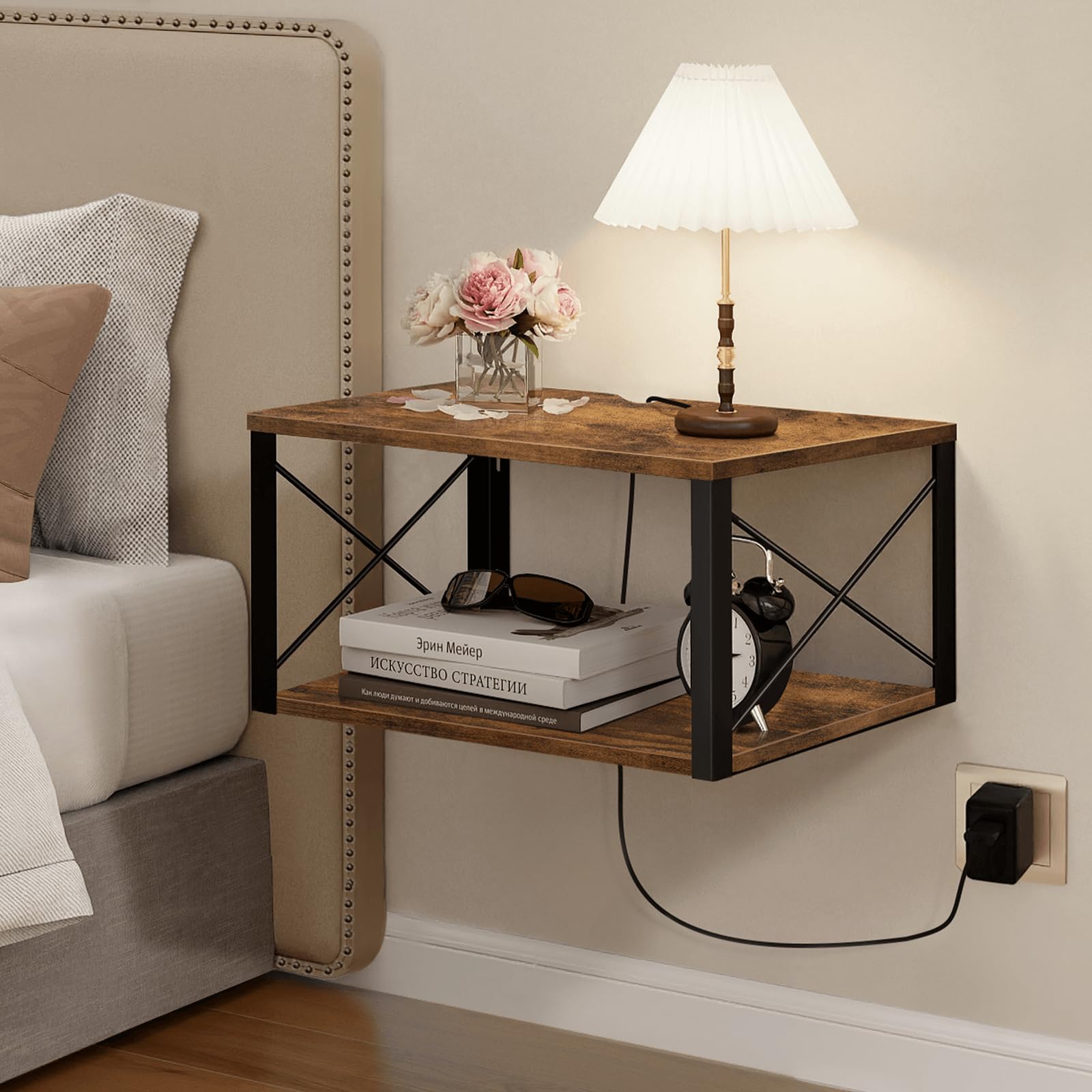 Homode Floating Nightstand, Wood Floating Bedside Table with Cable Hole, 2 Tier Wall Mounted Nightstand, Hanging Night Stand Wall Shelves for Bedroom