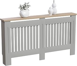 Vida Designs Arlington Heizkörperabdeckung Olive Grey - Groß - Modern Shaker Style Vertical Slat Design for Optimal Heat Circulation - H83.3xW152xD19cm - Lackiertes MDF-Möbel with Wood Top Shelf
