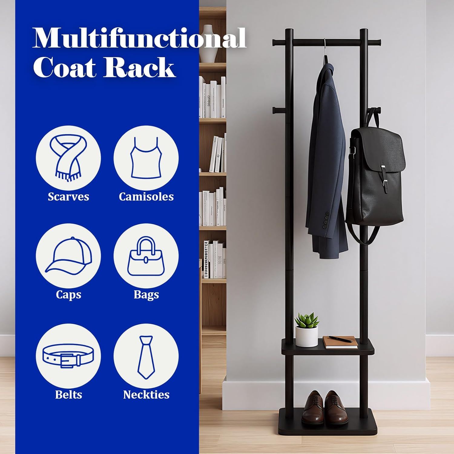 Coat Rack,Freestanding Hall Tree for Entryway Home Bedroom Office,Sturdy Wooden Coat Hanger Stand for Clothes Jacket Hats Bags(Black) image 3