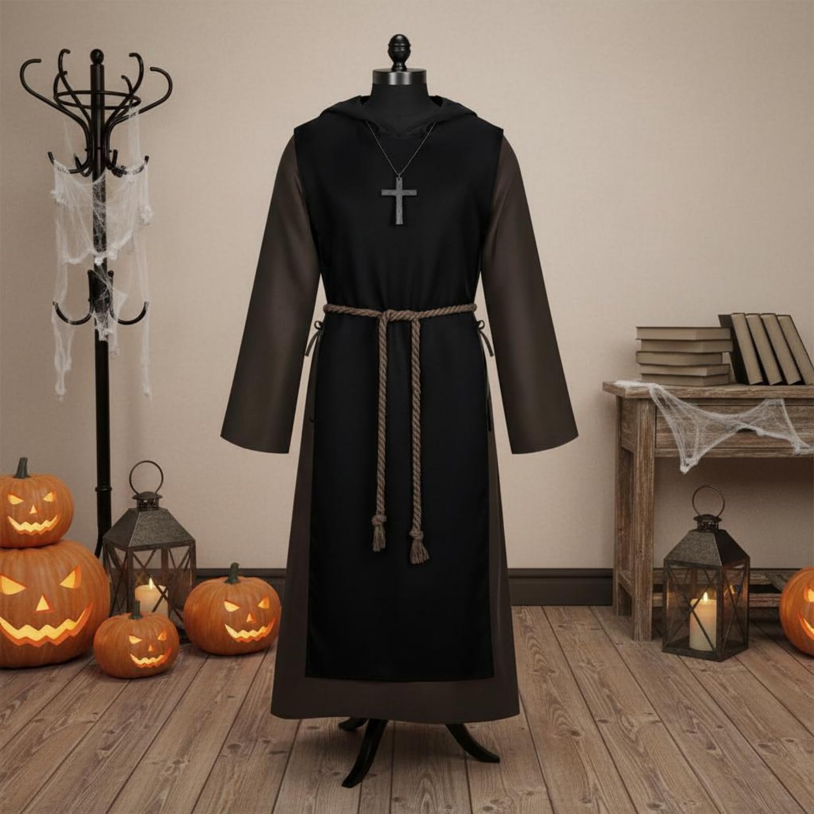 Mantello Halloween Costume Robe Tunica Cappuccio Veste Cappotto con Taglio Ampio E Drappeggio Lungo in Spandex per Carattere Drammatico in Luce Bassa